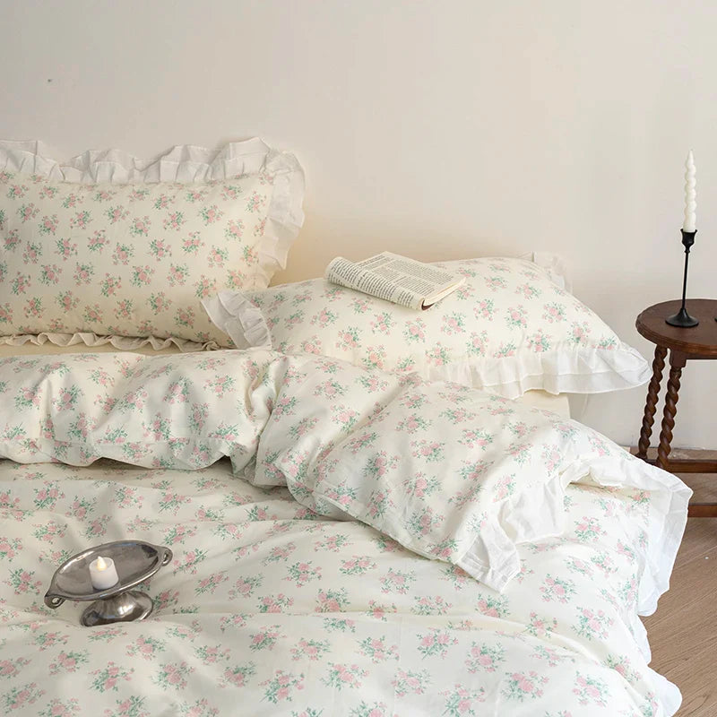 Afralia™ Floral Ruffles Bedding Set | Pure Cotton Vintage Duvet Cover & Bed Sheet