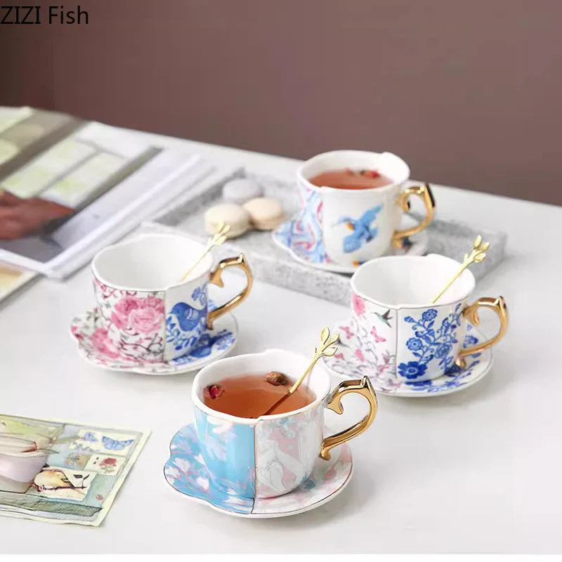 Afralia™ Flowers Bird Pattern Ceramic Tea & Coffee Mug Saucer Set Dining Table Cup