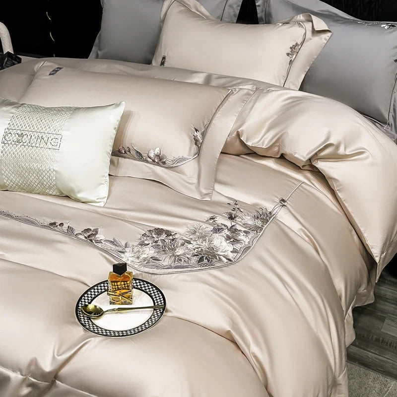 Afralia™ Chic Flowers Embroidery Luxury Bedding Set - 1000TC Egyptian Cotton 4Pcs