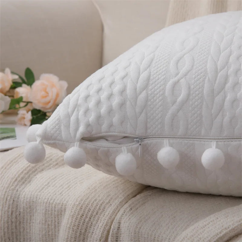 Afralia™ Lace Pompom Cotton Cushion Cover, 50x50cm, White Balls, Soft Seat Cover, Home Decor