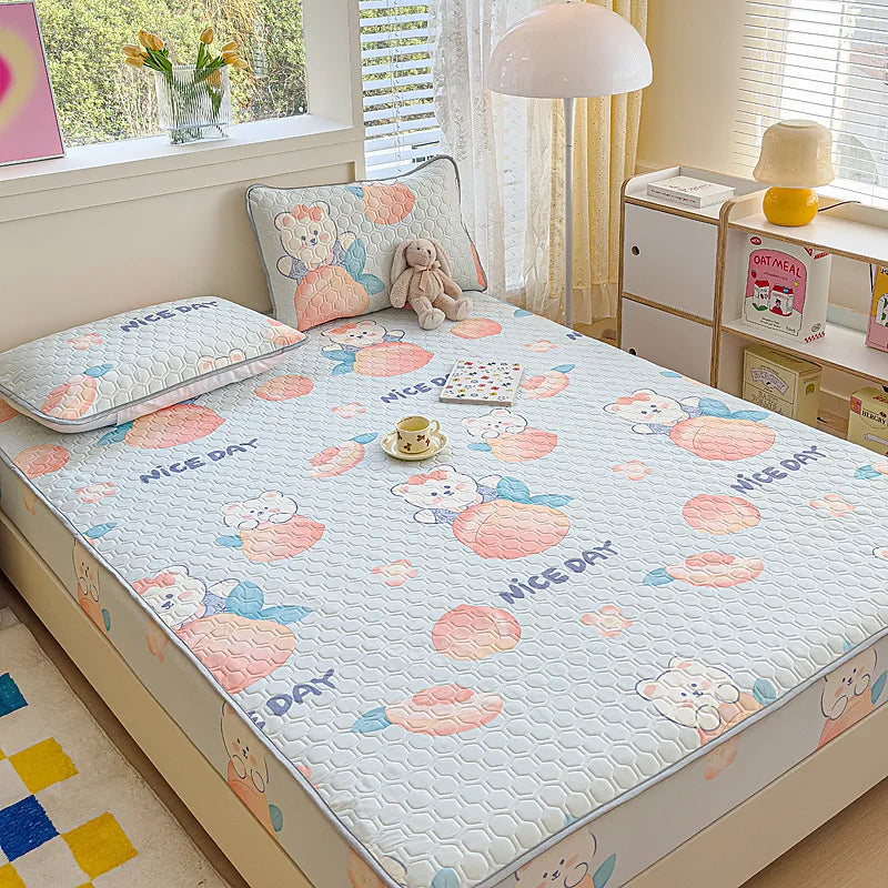 Afralia™ Cool Silk Latex Fitted Sheet Set with Pillowcases, Summer Ice Silk, Single Double Bed