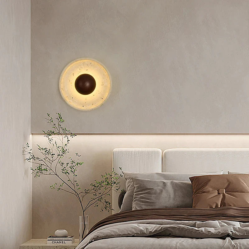 Afralia™ Vintage LED Wood Wall Light Yellow Travertine Mirror Decoration Bedroom Lamps