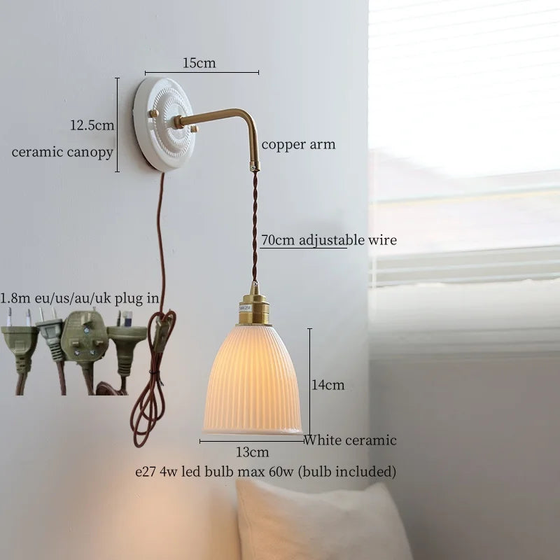 Afralia™ Pleats Ceramic LED Sconce Lamp with Adjustable Copper Arm for Bedroom Bathroom Mirror