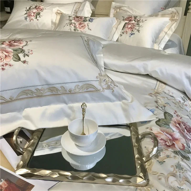 Afralia™ Egyptian Cotton White Embroidery Bedding Set - Queen/King Size - 1000TC Linens