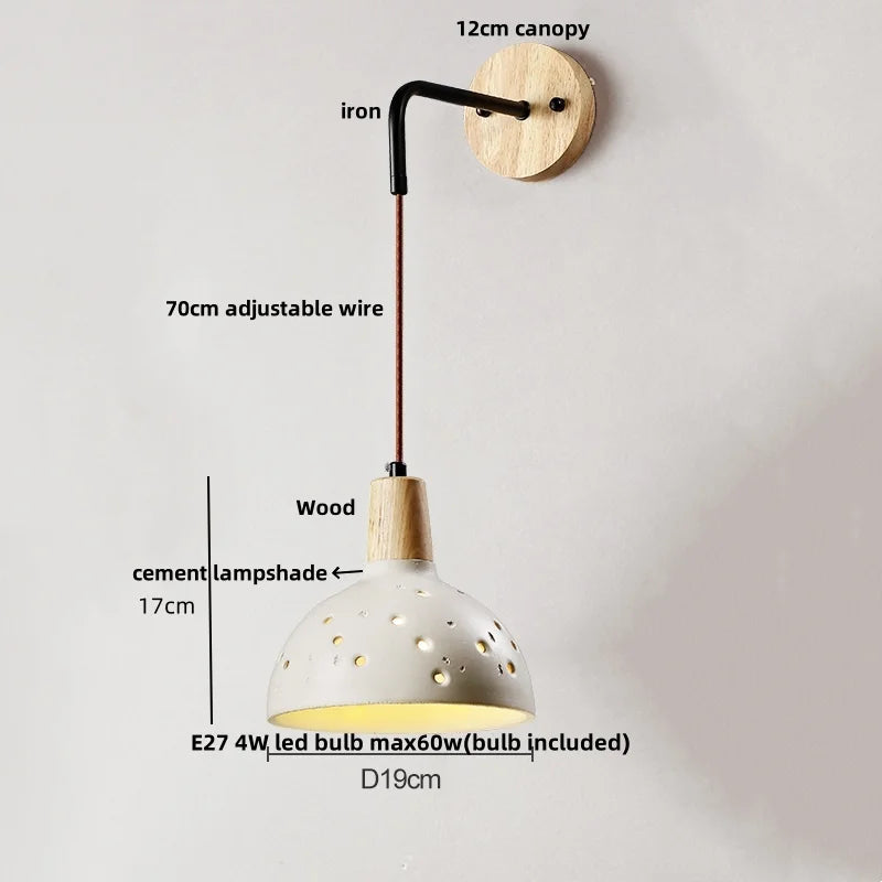 Afralia™ Adjustable Wall Lights Pull Chain Switch Wood Socket Cement Modern Bedside Lamp