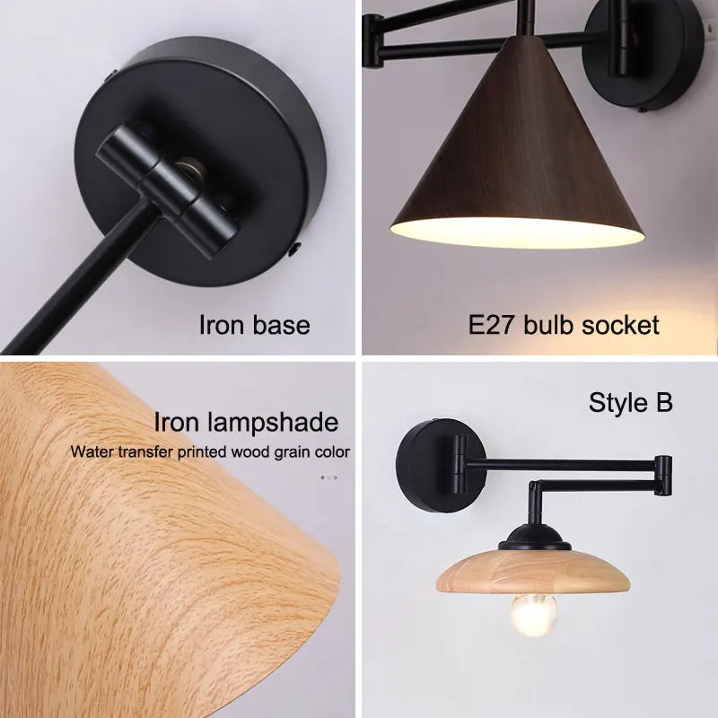 Afralia™ Nordic Wood Grain Wall Lamp with Retractable Rocker Arm for Living Room and Bedroom