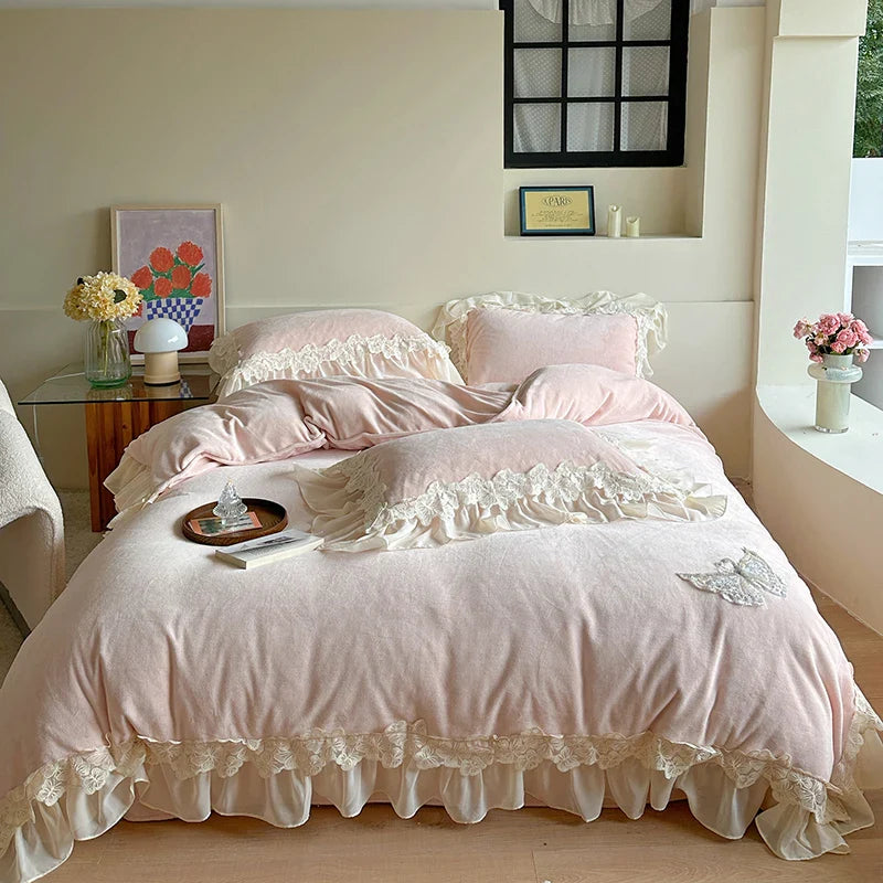 Afralia™ Velvet Fleece Bedding Set with Butterfly Embroidery and French Hollow Lace