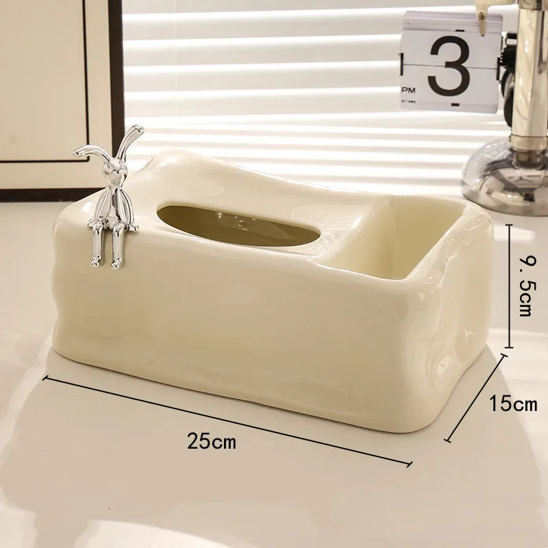 Afralia™ Silver Ceramic Tissue Box & Rabbit Napkin Holder - Home Desktop Storage