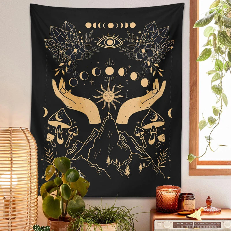 Moon Phase Magic Mushrooms Tapestry Wall Hanging by Afralia™ - Hippie Witchcraft Home Decor