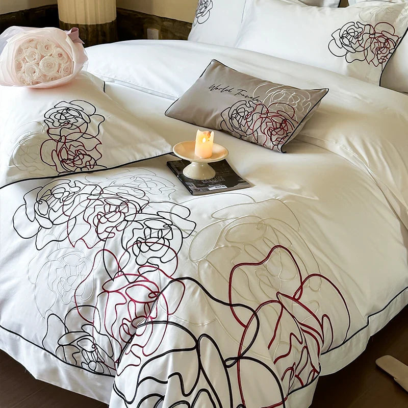 Afralia™ Rose Flowers Luxury Embroidery Bedding Set - 1000TC Egyptian Cotton 4Pcs