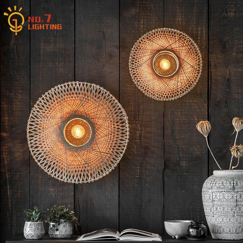 Afralia™ Bamboo Weaving Wall Lamp LED E27 Zen Art Decor for Study Tea Living Room