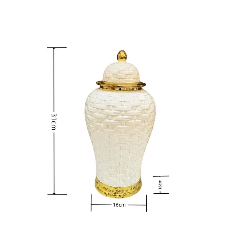 Afralia™ Golden Flower Vase Ceramic Checkmate Jar Weave Pattern Home Decoration Accessories