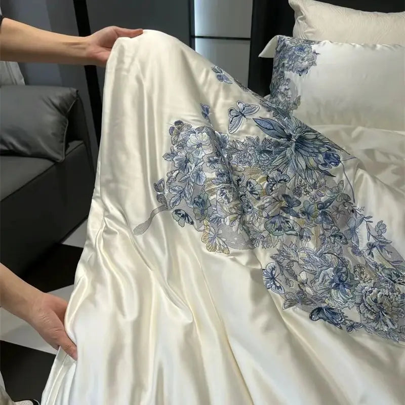 Afralia™ Butterfly Flowers Embroidery Luxury Bedding Set 4Pcs