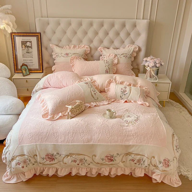 Afralia™ Vintage French Velvet Lace Embroidery Bedding Set with Ruffles Flowers
