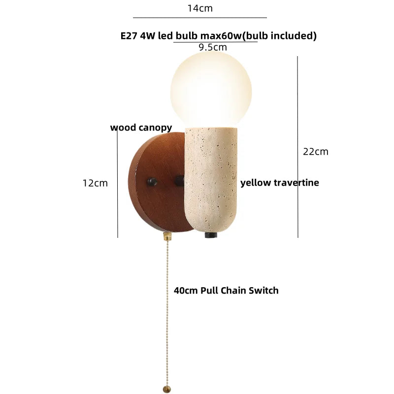 Afralia™ Wood & Travertine LED Wall Sconce with Pull Chain Switch
