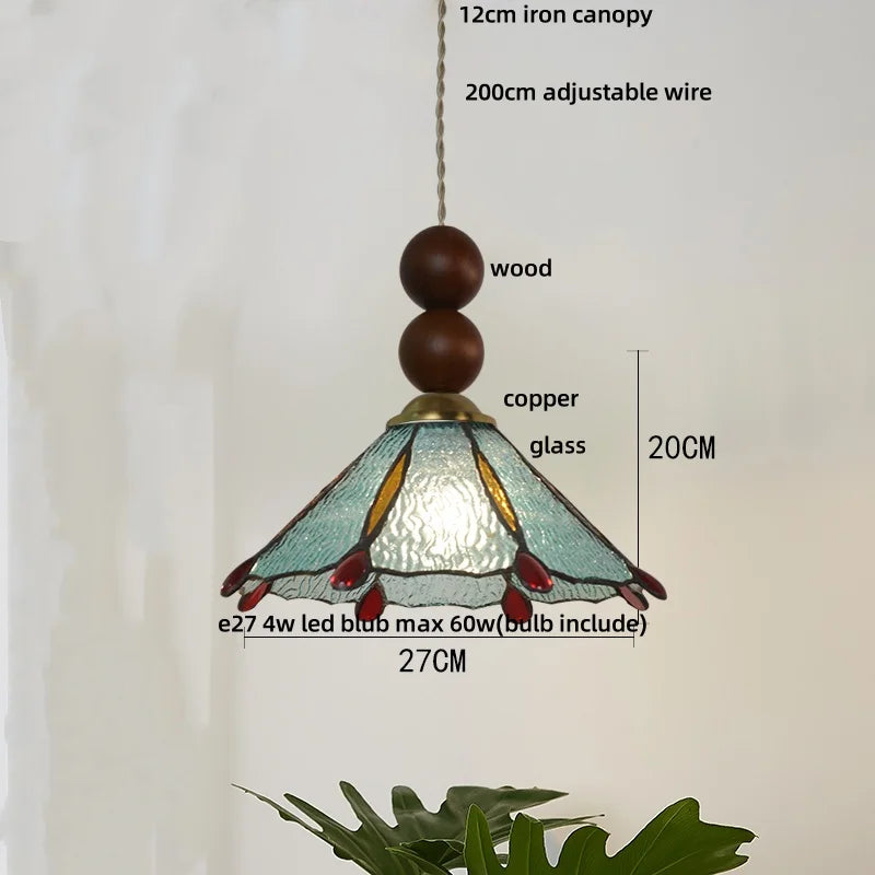 Afralia™ Tiffany Wood Globe LED Pendant Lamp for Kitchen Cafe Reading, Gold Copper Blue Glass