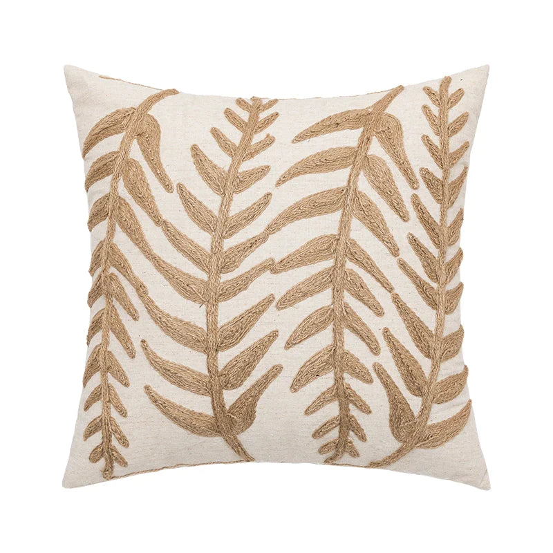 Afralia™ Linen Embroidery Leaves Cushion Cover 45x45cm Beige Green Aesthetic Throw Pillow