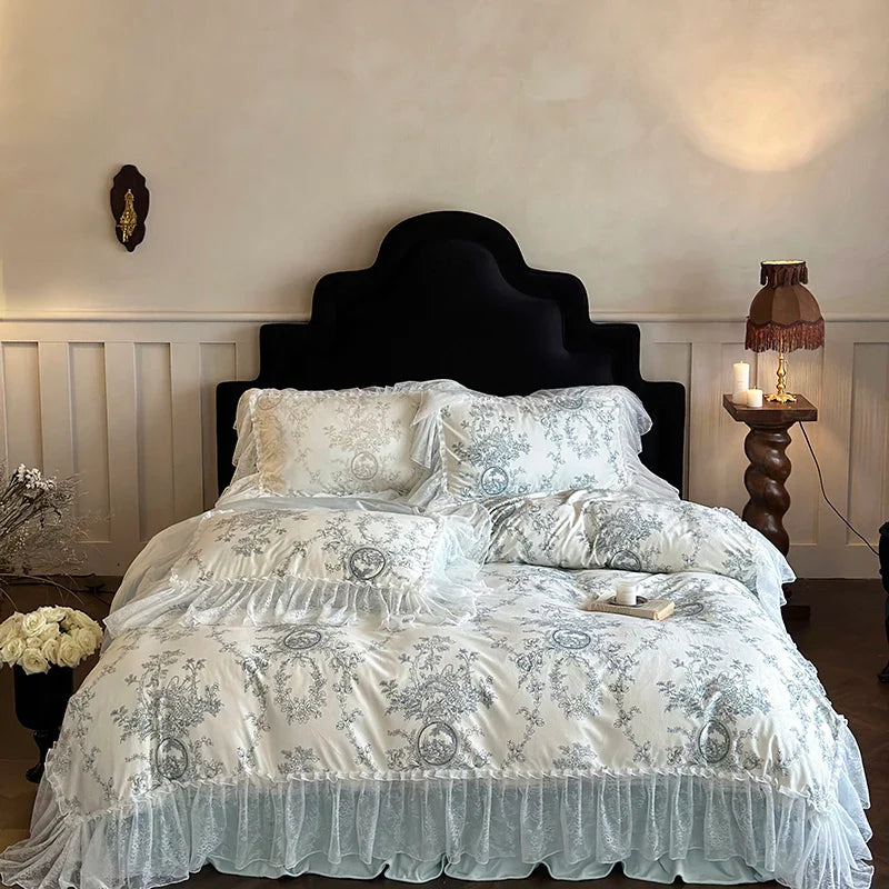 Afralia™ French Lace Ruffles Princess Bedding Set - Velvety Warm Quilt Cover, Bed Skirt, Bedspread, Pillowcases