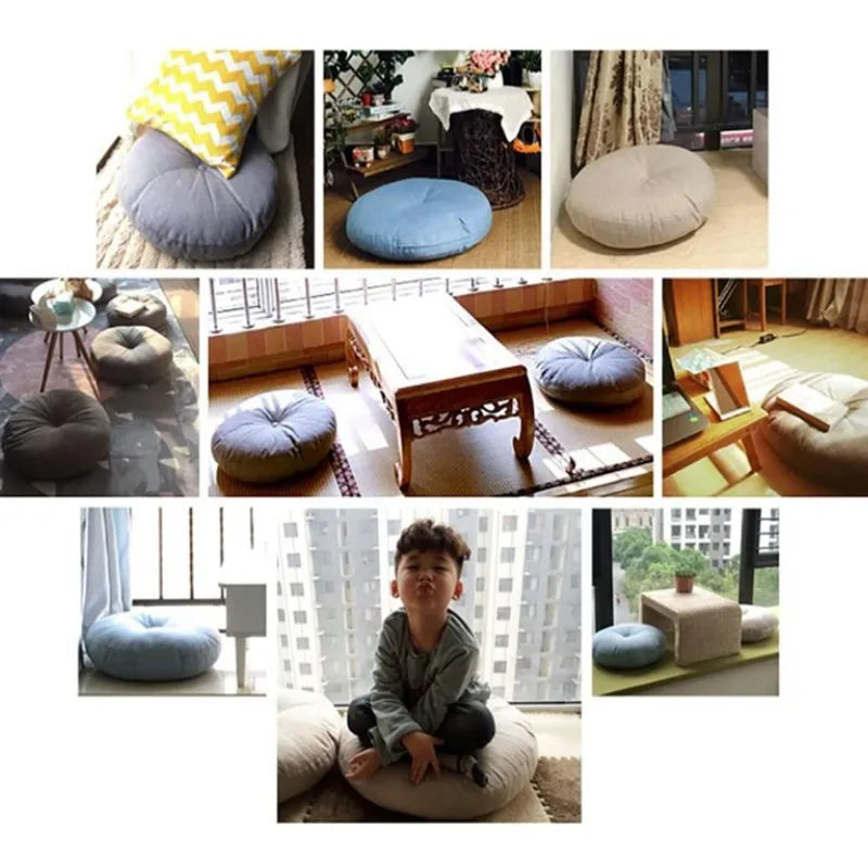 Afralia™ Grey Linen Round Floor Pillow Seating Cushion with Zippered Cover Pouf