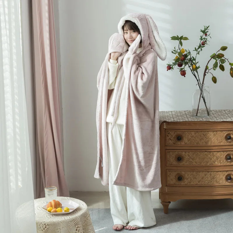 Afralia™ Shark Blanket: Cute Rabbit Design, Cozy Flannel Cloak for Winter Comfort