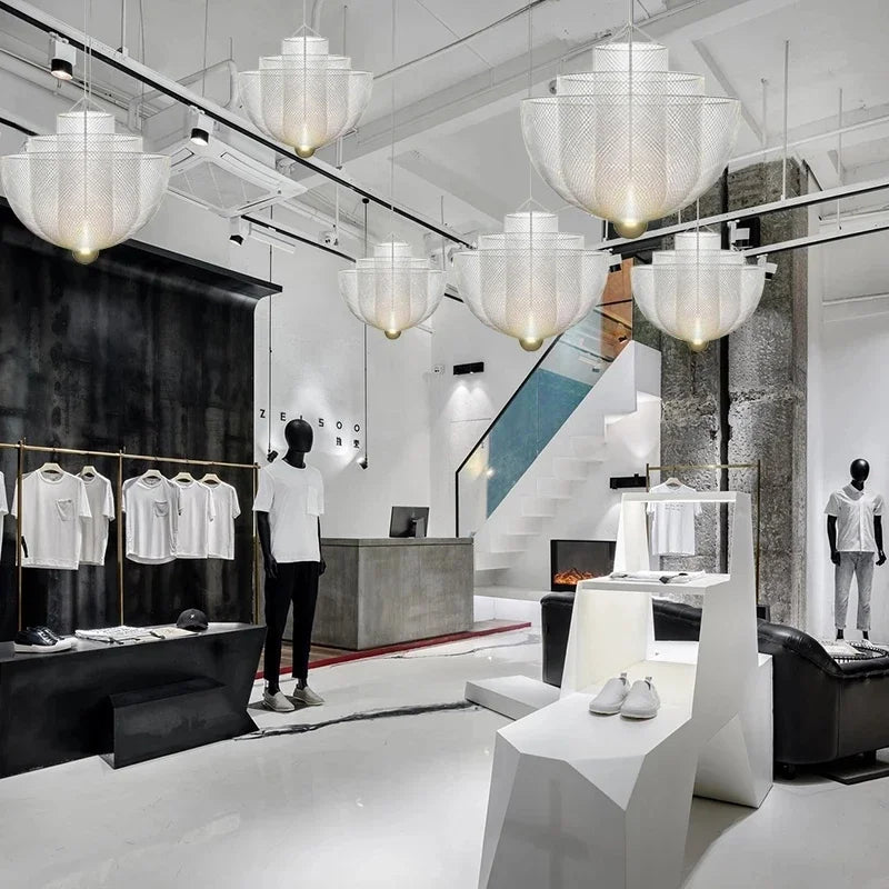 Afralia™ Metal Grid LED Chandelier Moooi Designer Pendant Iron Geometric Hollow Hanging Lamp