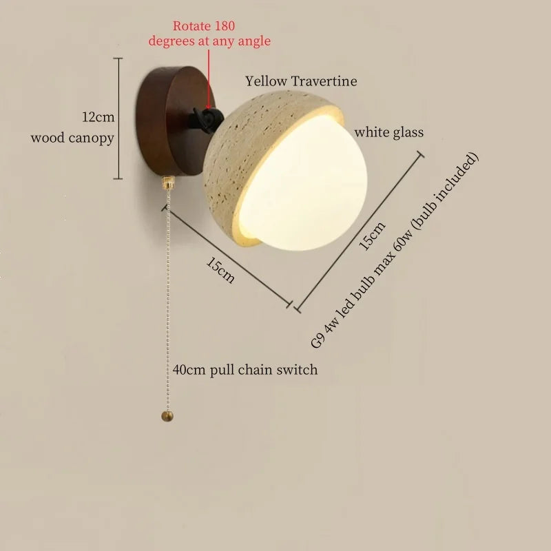 Afralia™ White Glass LED Wall Lamps Pull Chain Yellow Travertine Modern Bathroom Light