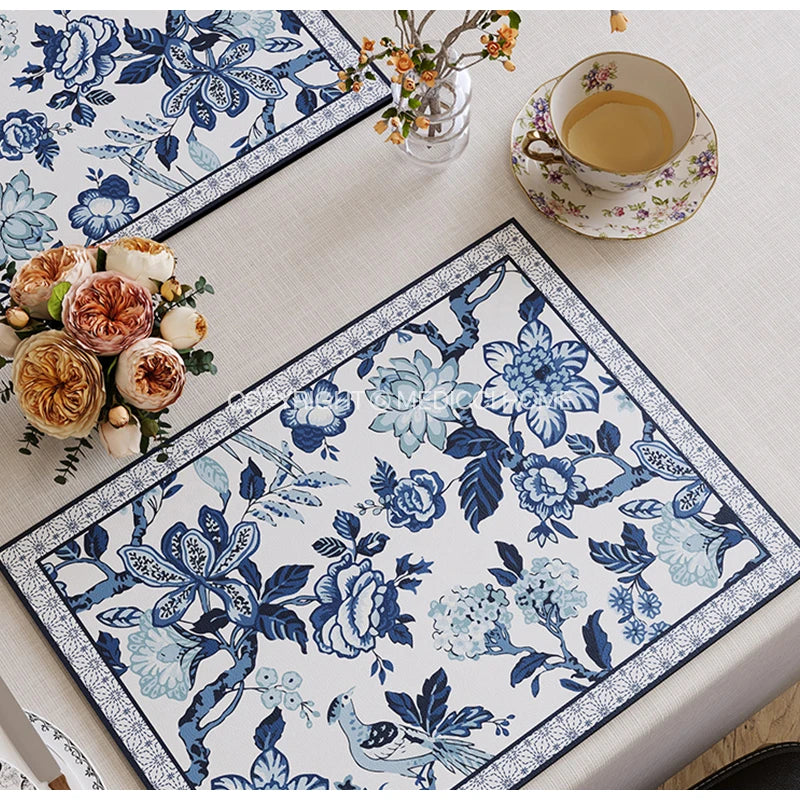 Afralia™ Chinoiserie Bird Branches Placemat Set - Blue & White Porcelain Waterproof PU Fabric