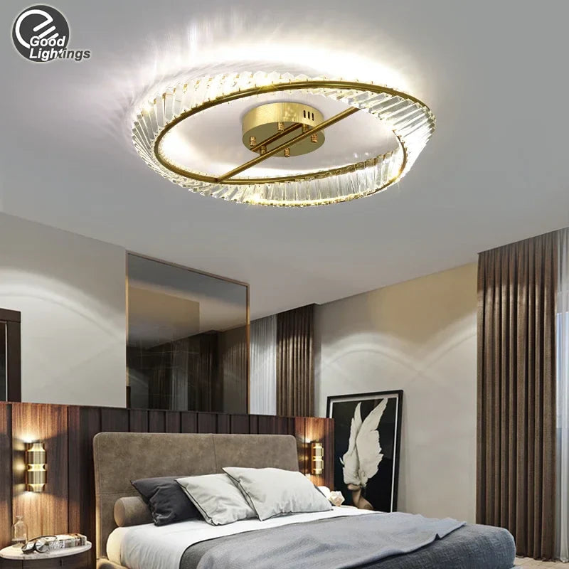 Afralia™ Gold Ring Crystal LED Ceiling Chandelier for Bedroom Living Room Hallway