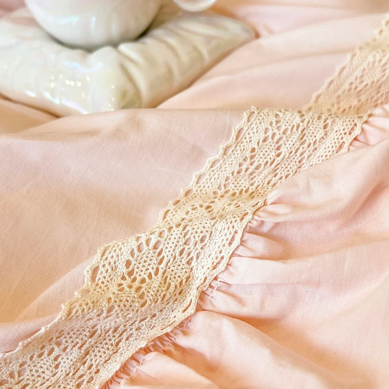 Afralia™ Pink Princess Lace Ruffles Bedding Set - 100% Cotton Double Layer Duvet Cover