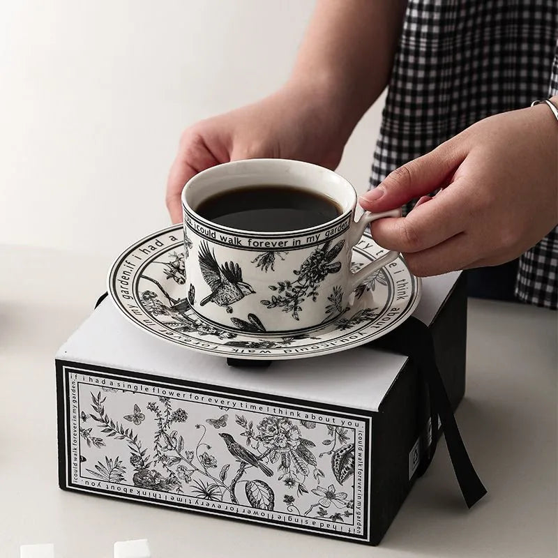 Afralia™ Black Bird Ceramic Coffee Cup and Saucer Set for English Afternoon Tea and Coffee