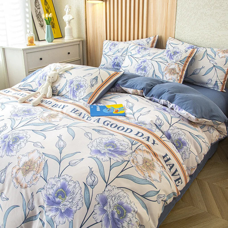 Afralia™ Green Leaf Print Bedding Set: Duvet Cover, Flat Sheet & Pillowcase - Single Queen Size