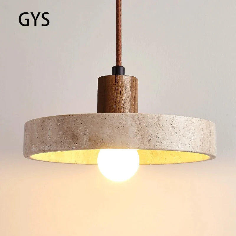 Afralia™ Cream Style Wood Walnut Stone Pendant Light for Bedroom, E27 Bulb