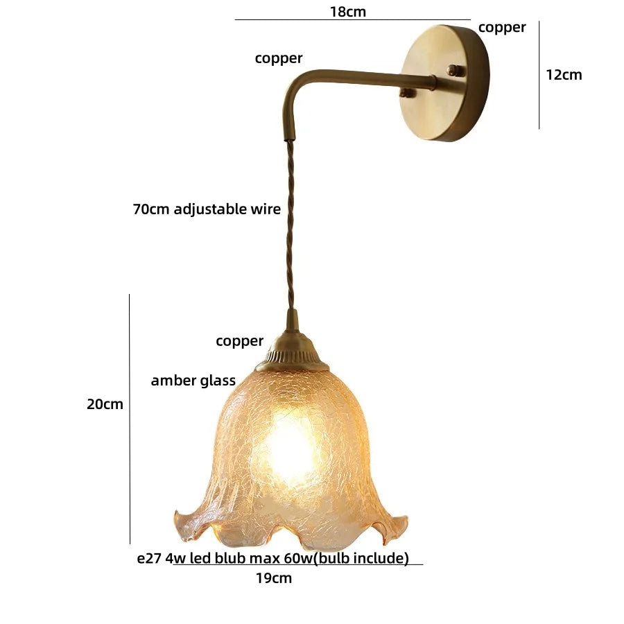 Afralia™ Amber Glass LED Wall Sconce with Pull Chain Switch for Bedroom and Bathroom