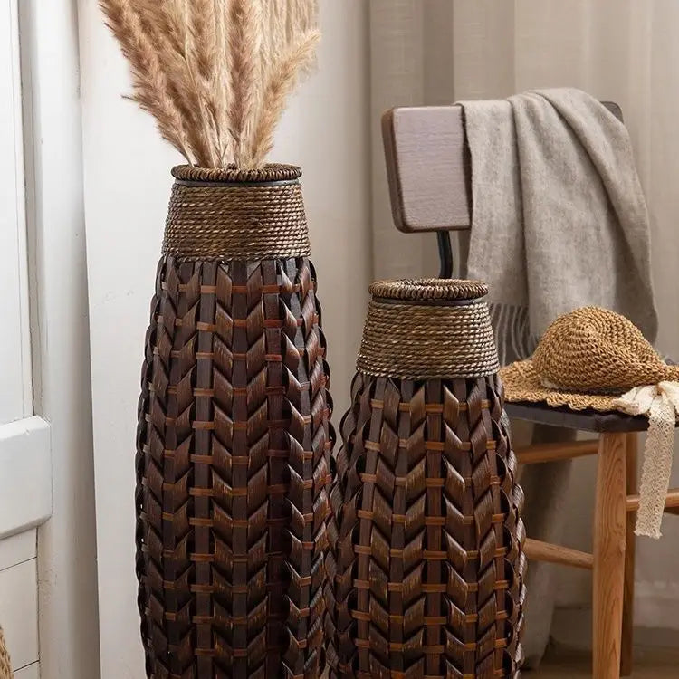 Afralia™ Bamboo Woven Vase Rattan Flower Glass Arrangement Dried Flower Basket Living Room Decor