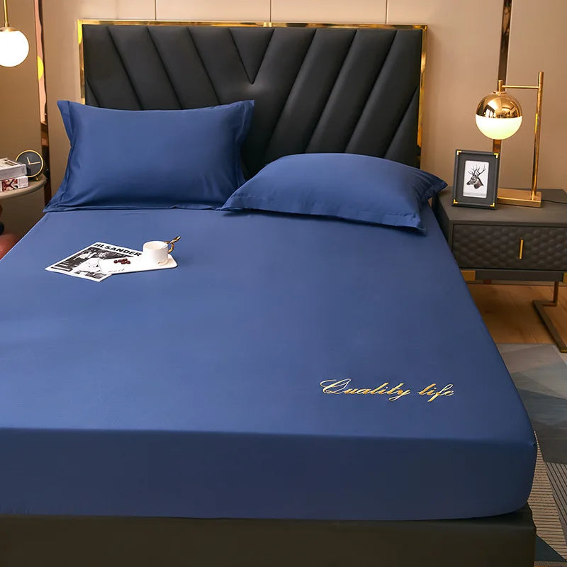 Afralia™ Silky Embroidered Fitted Sheet Set Queen Size Solid Color Luxury King Bedsheet