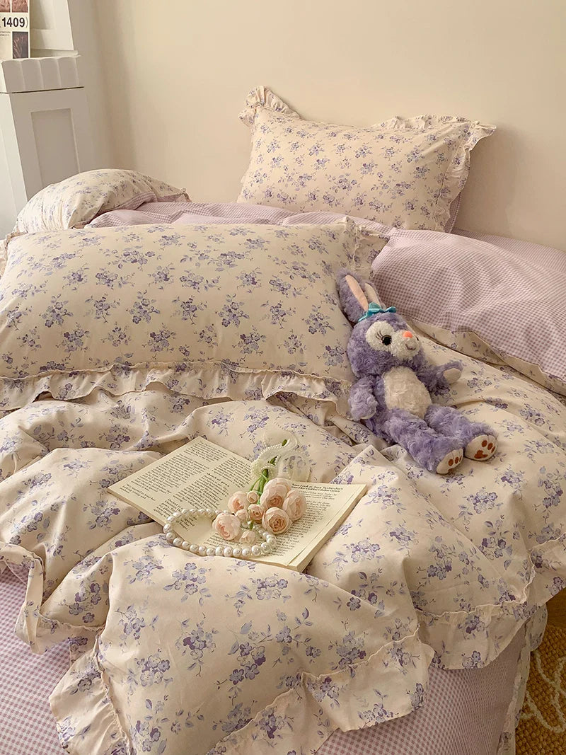 Afralia™ Floral Lace Ruffles Girl Bedding Set with Quilt/Duvet Cover, Sheet & Pillowcases