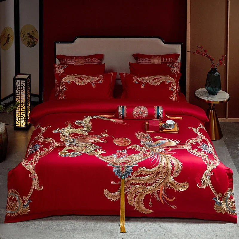 Afralia™ Red Chinese Wedding Luxury Bedding Set with Dragon Phoenix Embroidery