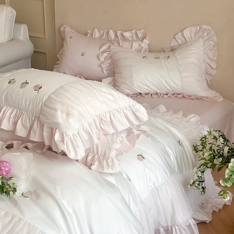 Afralia™ Rose Embroidery Lace Ruffles Bedding Set 1000TC Egyptian Cotton Duvet Cover Flat Sheet