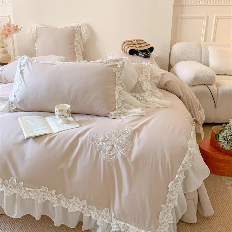 Afralia™ Pink Lace Butterfly Embroidery Bedding Set 4Pcs, Princess Wedding Theme