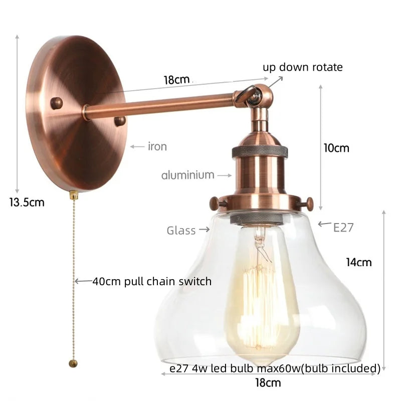 Afralia™ Red Bronze LED Wall Lamp with Pull Chain Switch and Clear Glass
