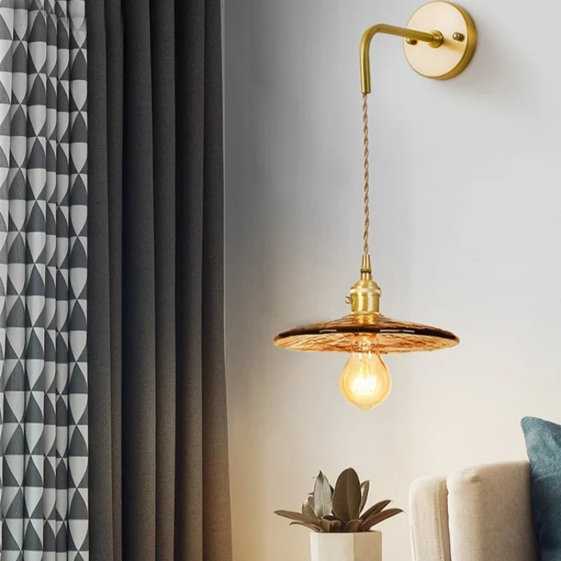 Afralia™ Glass LED Wall Sconce Bedroom Loft Bathroom Stair Light Pull Chain Copper