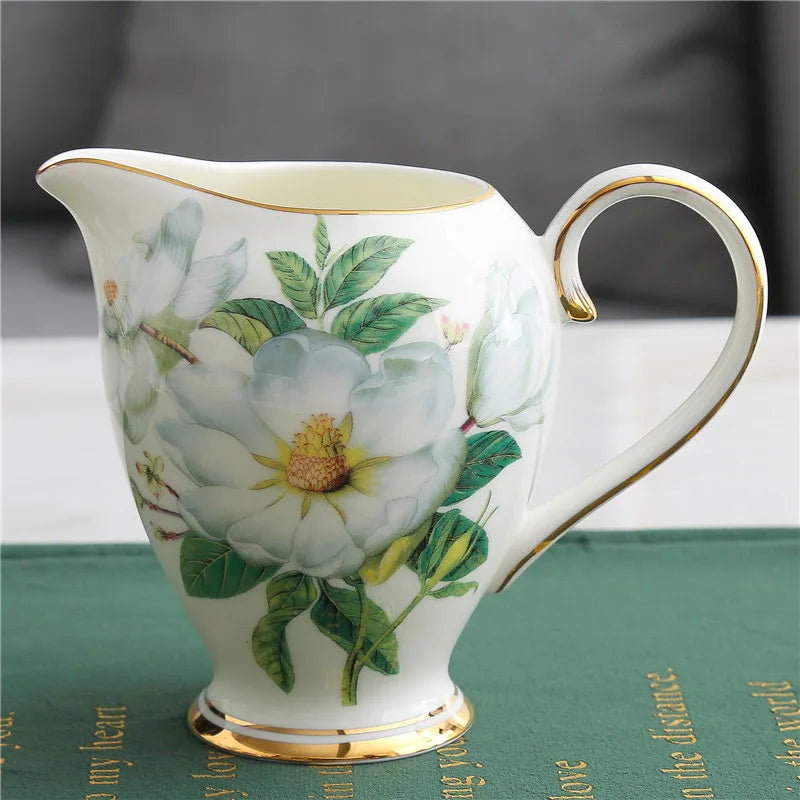 Afralia™ Green Flowers Ceramic Cup & Saucer Set for Coffee, Tea, Juice, and More