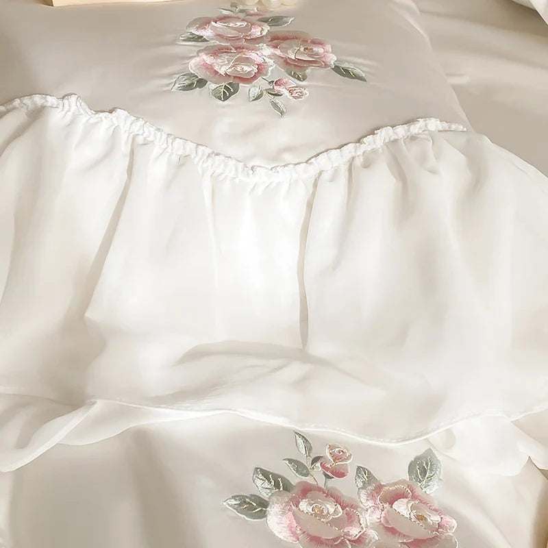 Afralia™ Lace Ruffles Flowers Embroidery 4Pc Egyptian Cotton Bedding Set
