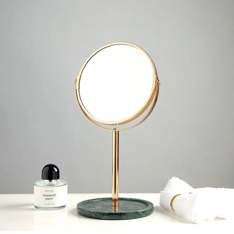 Afralia™ Marble Makeup Vanity Mirror Golden Stand 2X Magnifier Rotation