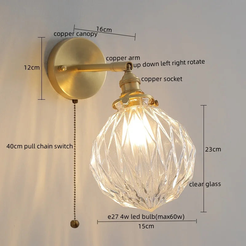 Afralia™ Copper Glass Knob Switch LED Wall Light, Nordic Modern Bedside Lamp