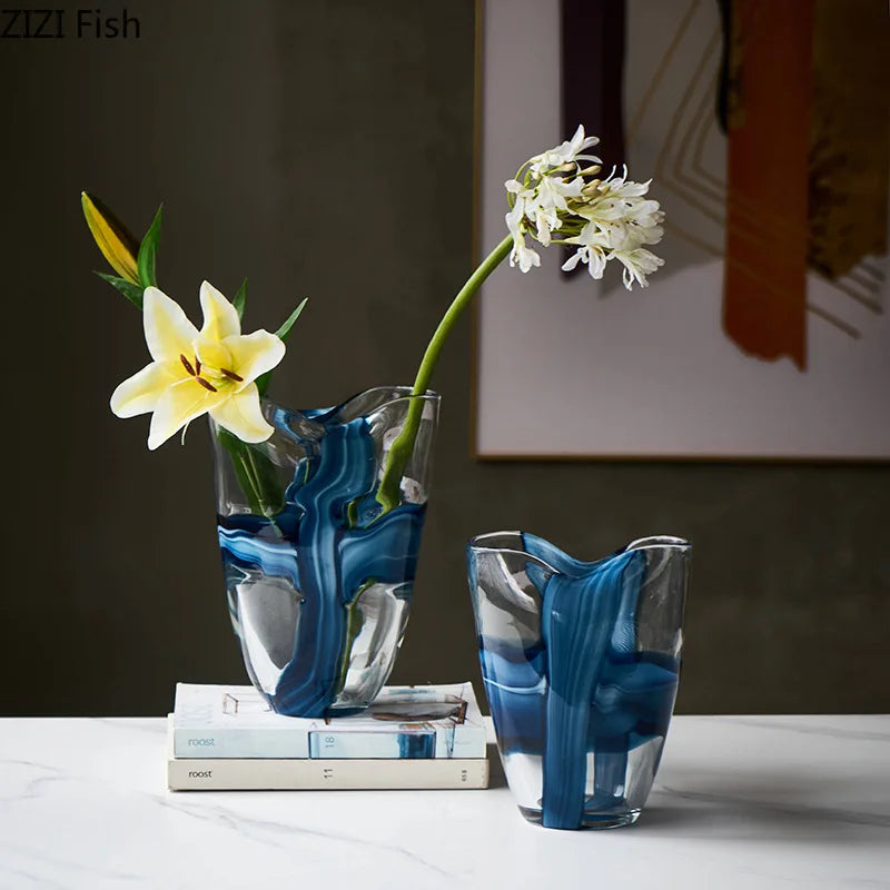 Afralia™ Blue Striped Glass Vase for Plant Arrangement and Room Decor