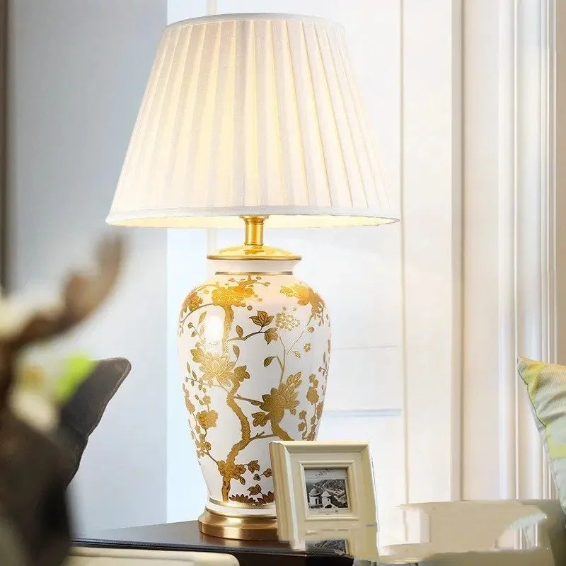 Afralia™ Copper Base Ceramic Table Lamp with Fabric Lampshade