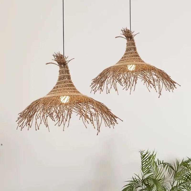 Afralia™ Wabi Sabi Rattan Straw Hat Chandelier Pendant Light