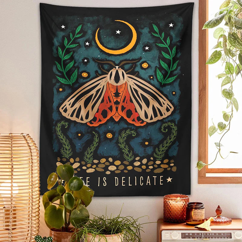 Mushroom Moon Moth Tapestry Wall Hanging by Afralia™ - Aesthetic Retro Psychedelic Decor