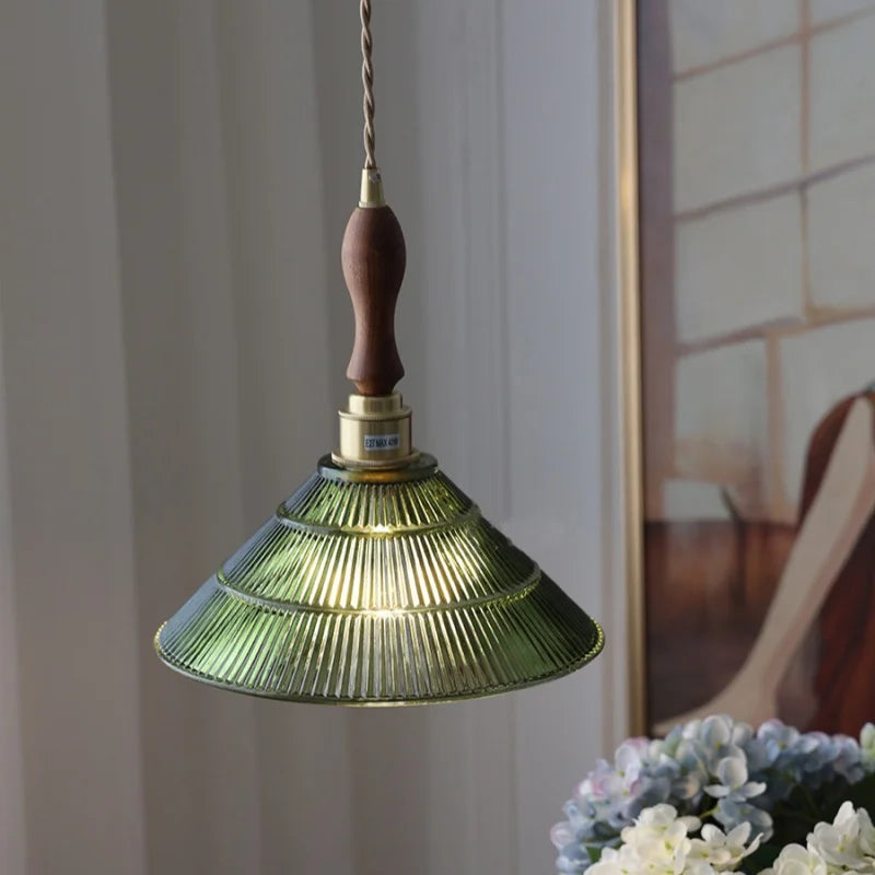 Afralia™ Walnut Wood LED Pendant Light Fixture with Adjustable Green Glass Shade